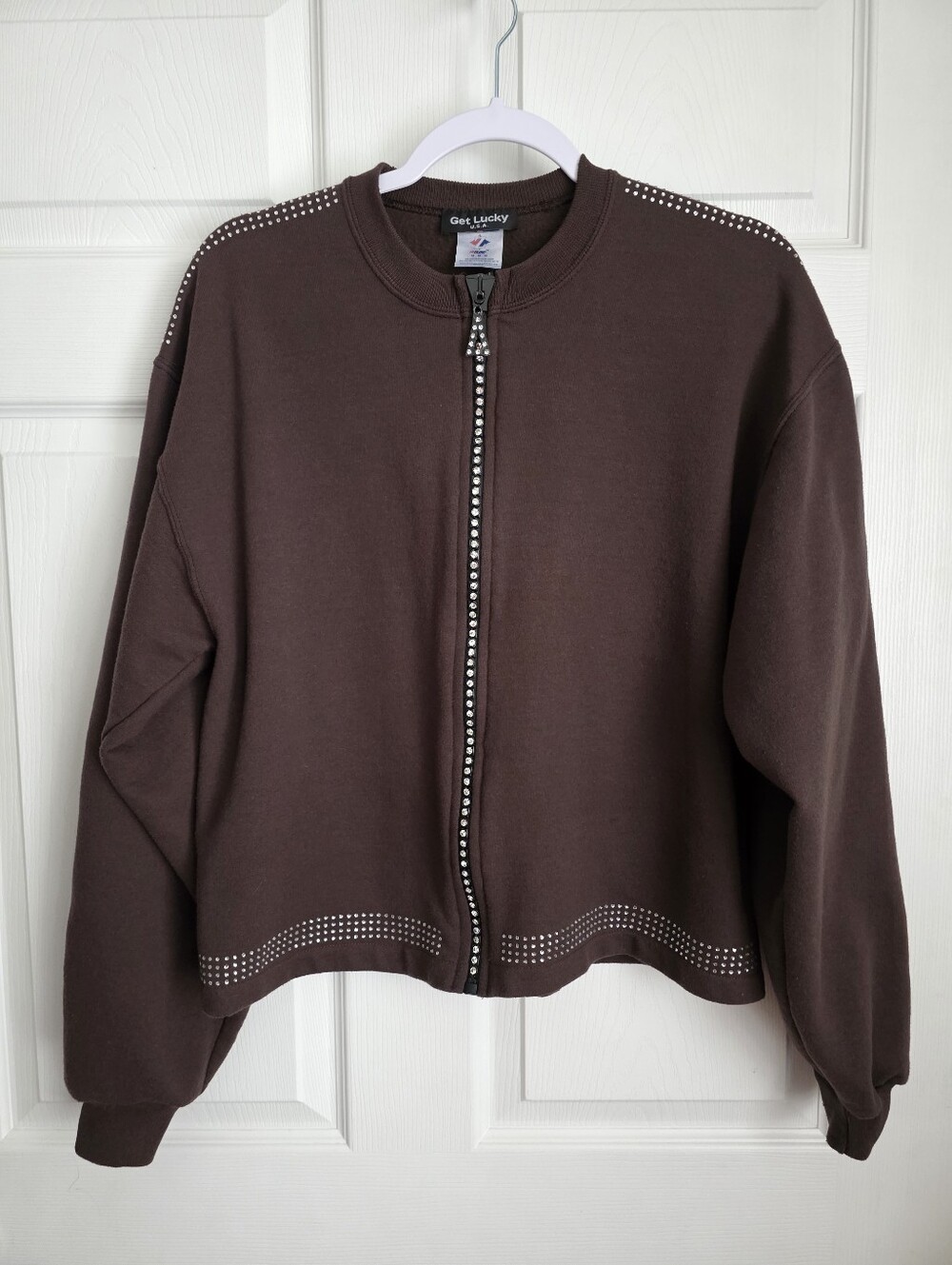 Vintage Get Lucky USA Brown Rhinestone Zip Up Cropped Sweatshirt Size M Y2K